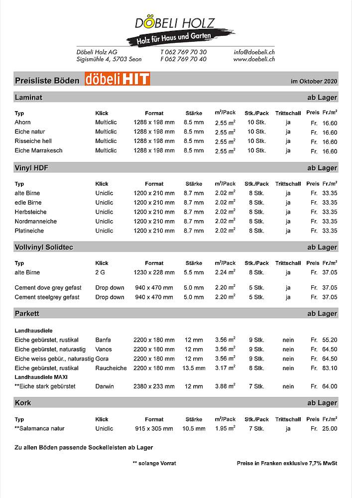 Preisliste Boeden doebeliHIT